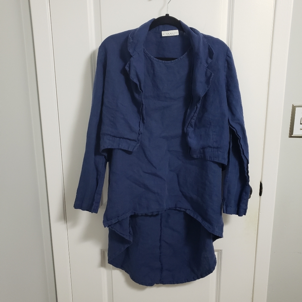 BRYN WALKER Blue Linen Cardigan and Sleeveless Top Set